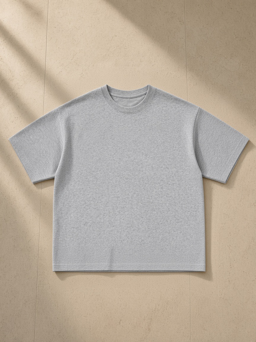 Essential Sorona Boxy T-Shirt in Flower Gray, laid flat on pale limestone