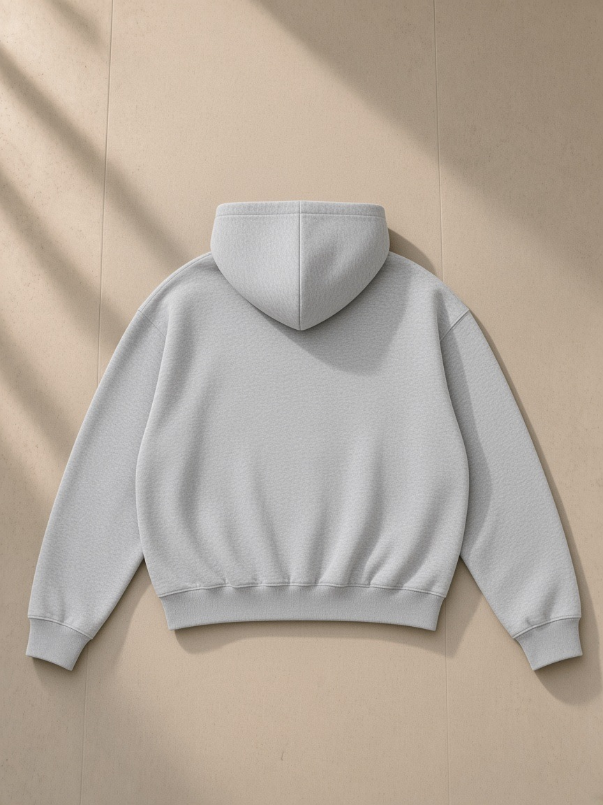 Oversized Drop Shoulder Hoodie in Flower Gray, laid flat on pale limestone, back view