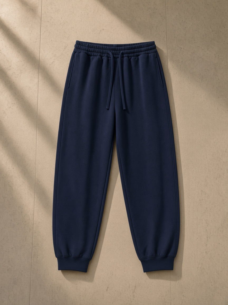 Essential Drawstring Jogged Sweatpants in Navy Blue, laid flat on pale limestone, front.