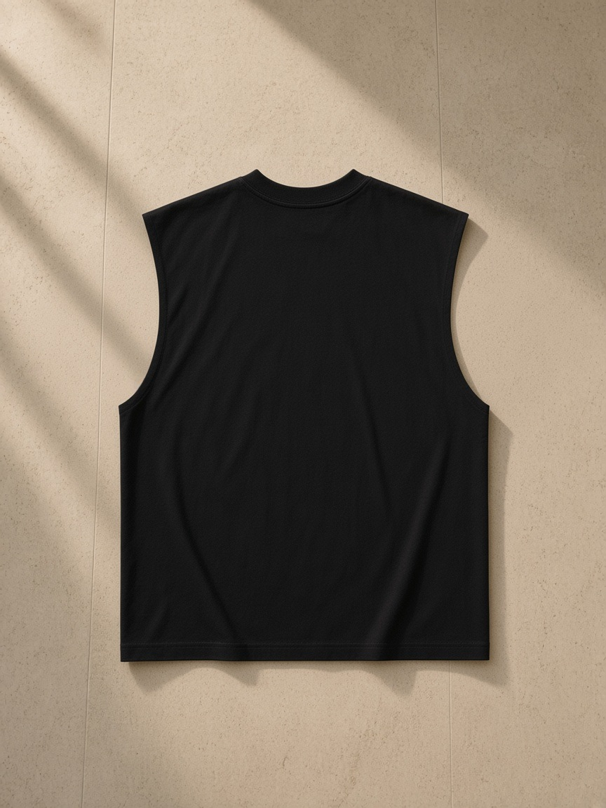 Raw Edge Cotton Tank Top — Dark in Black, laid flat on pale limestone, back.