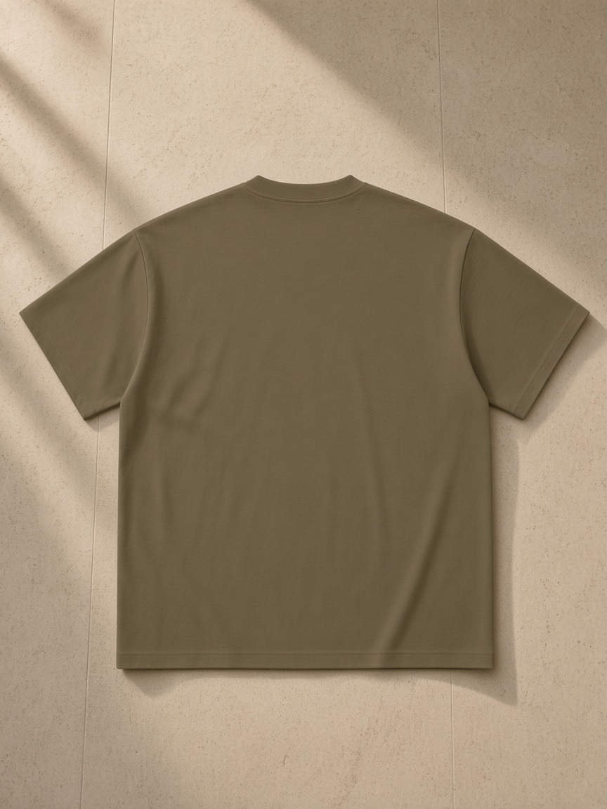 Heavyweight Drop Shoulder T-Shirt in Coffee, laid flat on pale limestone, back view