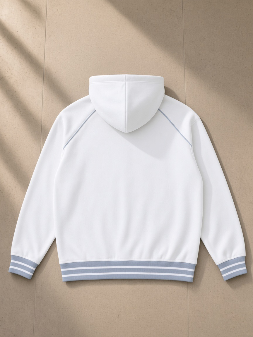 Men's Striped Trim Zip-Up Hoodie in White, laid flat on pale limestone, back view