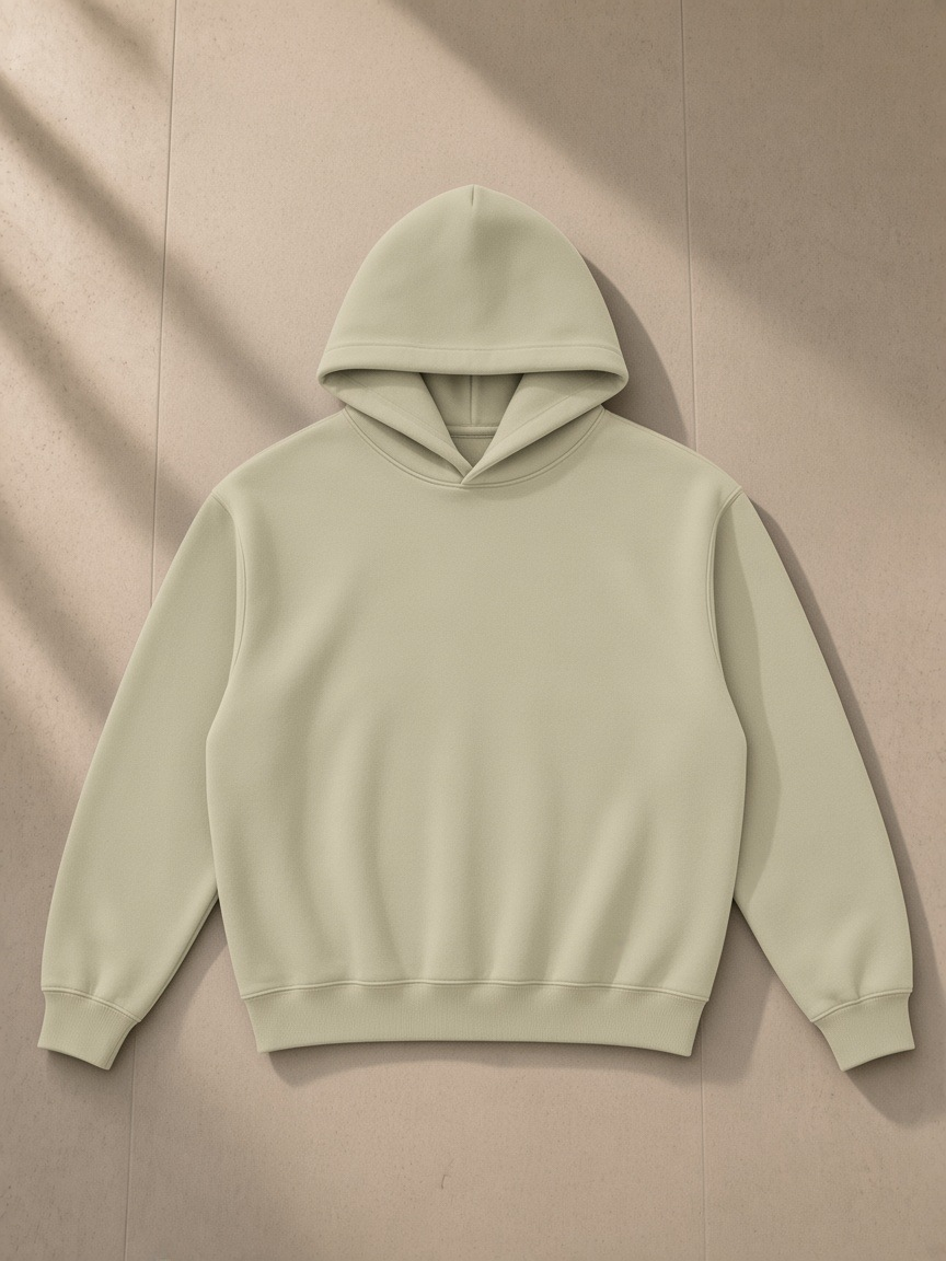 Fleeced boxy hoodie in Gray Green, laid flat on pale limestone