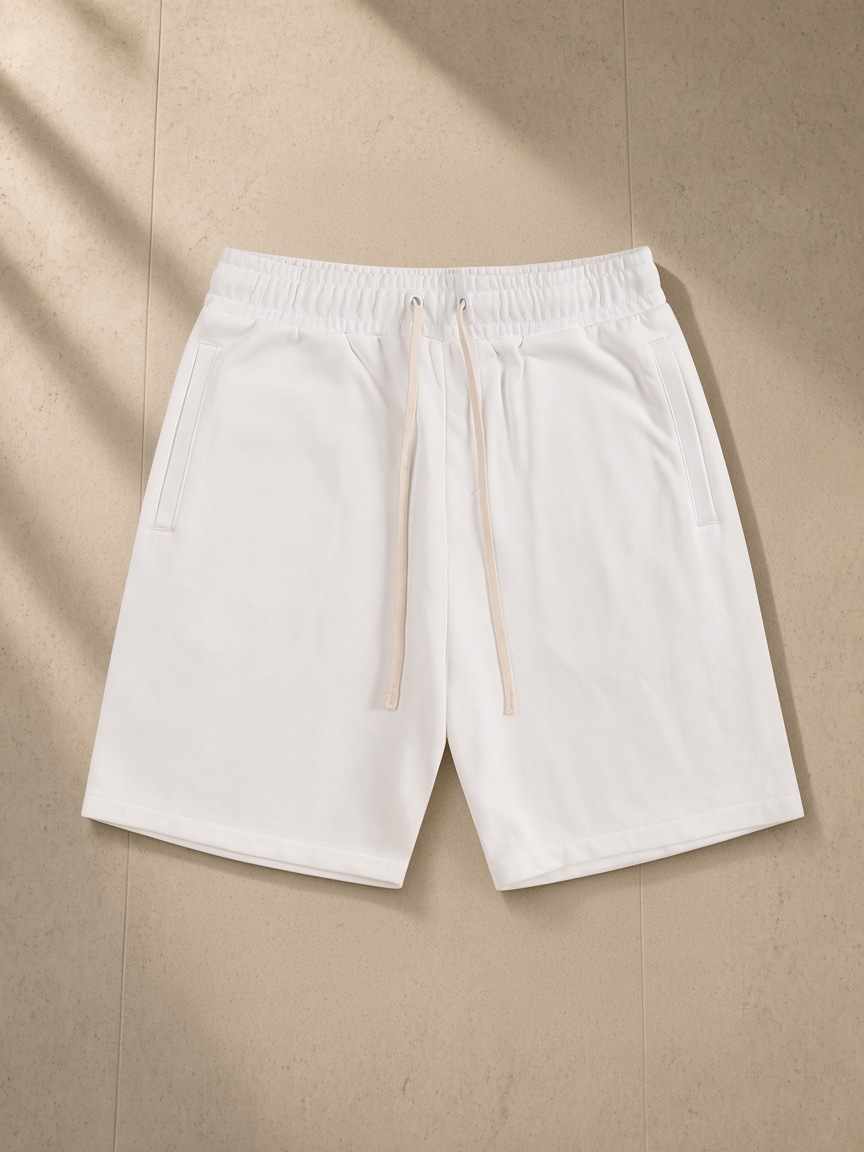 Essential Cotton Shorts in White, laid flat on pale limestone