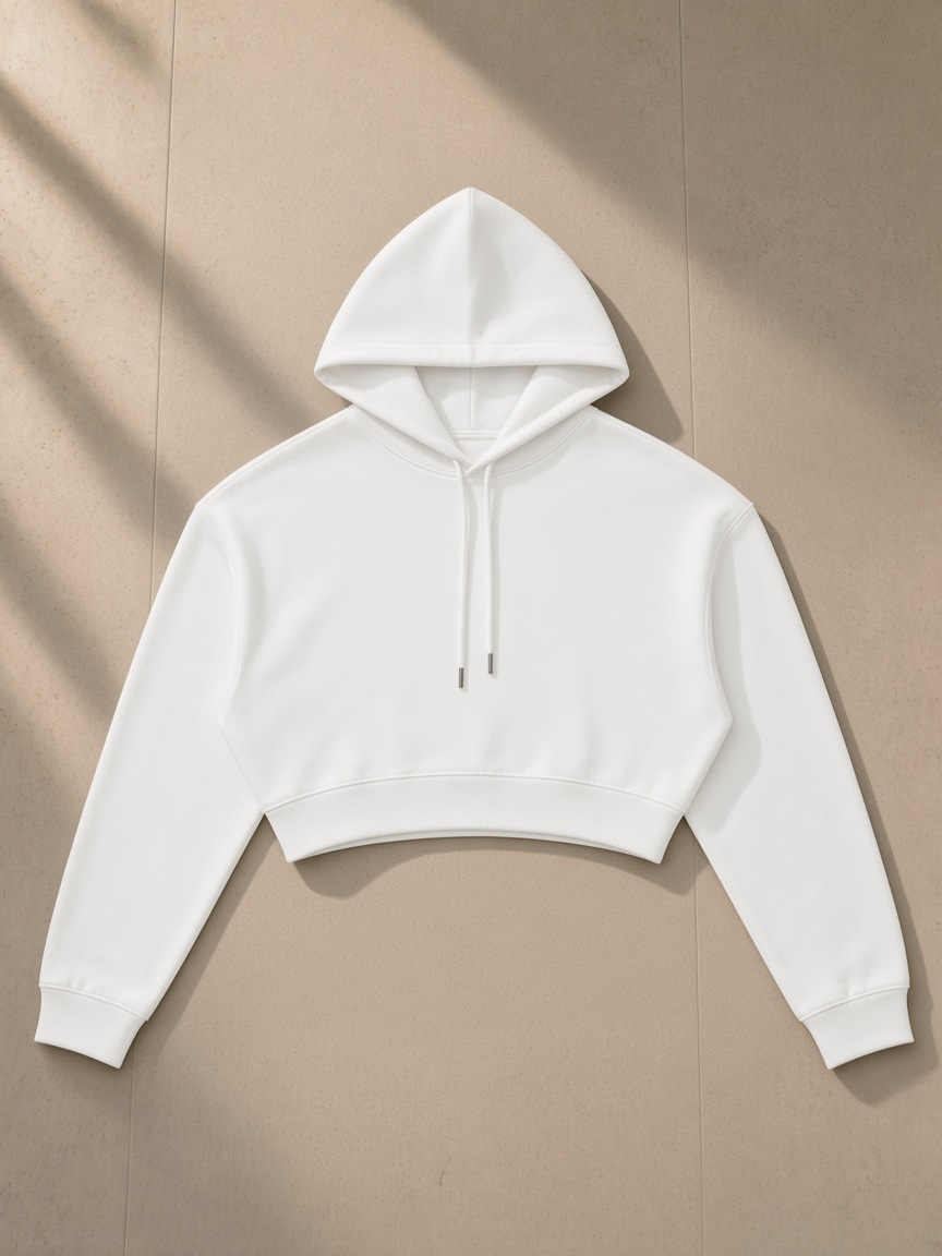 Essential Cropped Hoodie in White, laid flat on pale limestone