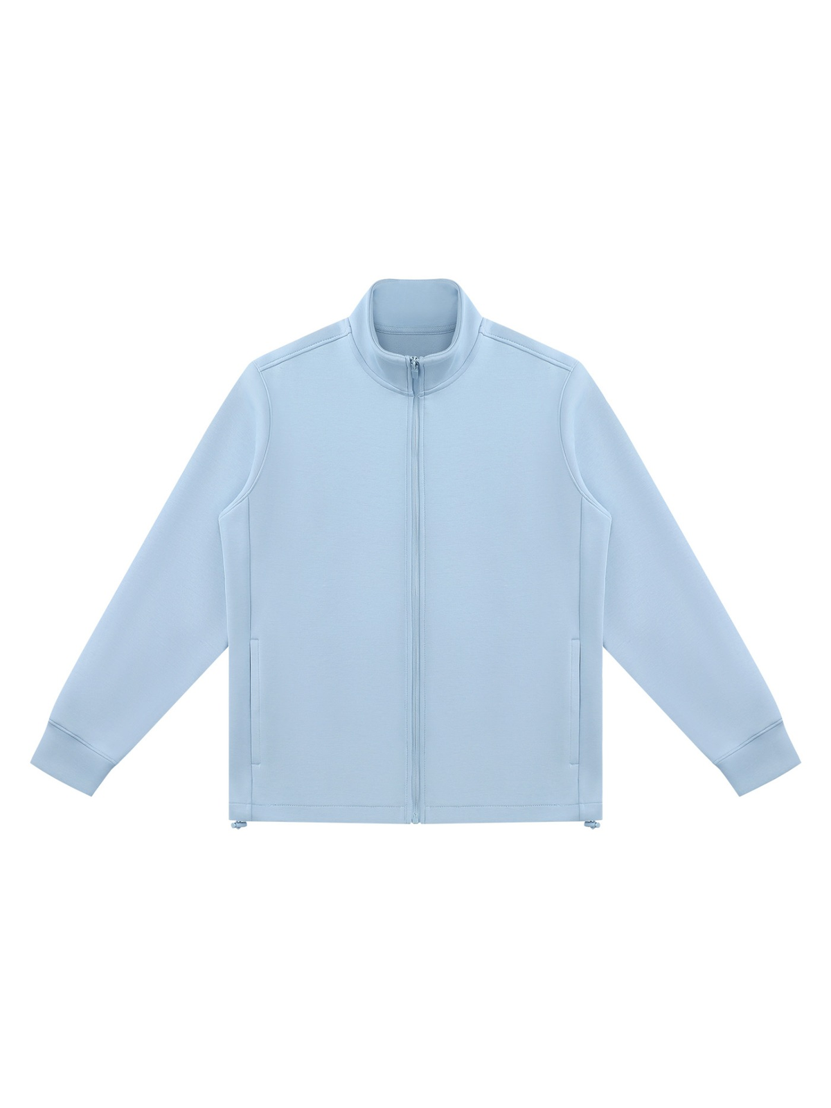 Stand Collar Jacket in Light Blue, laid flat on pale limestone, front.
