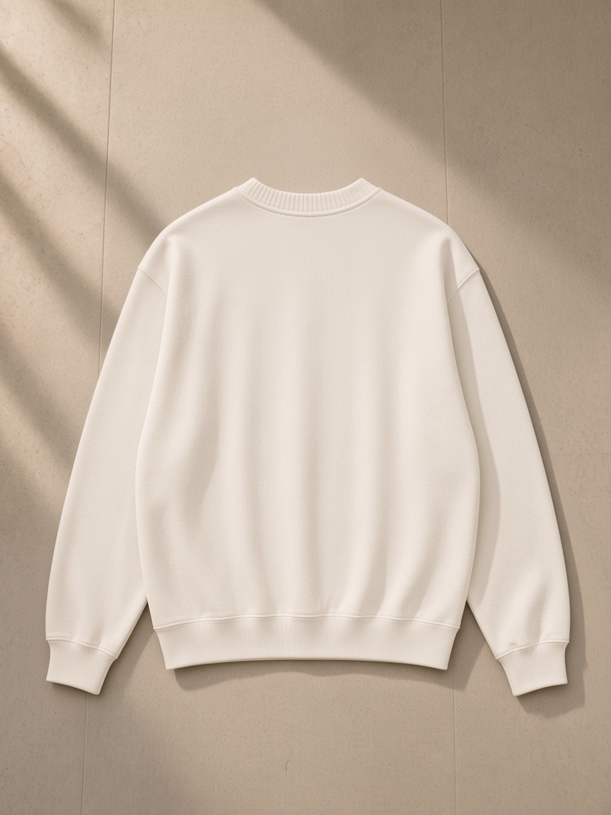 Unisex knitted round neck oversize sweatshirt in White, laid flat on pale limestone, back view