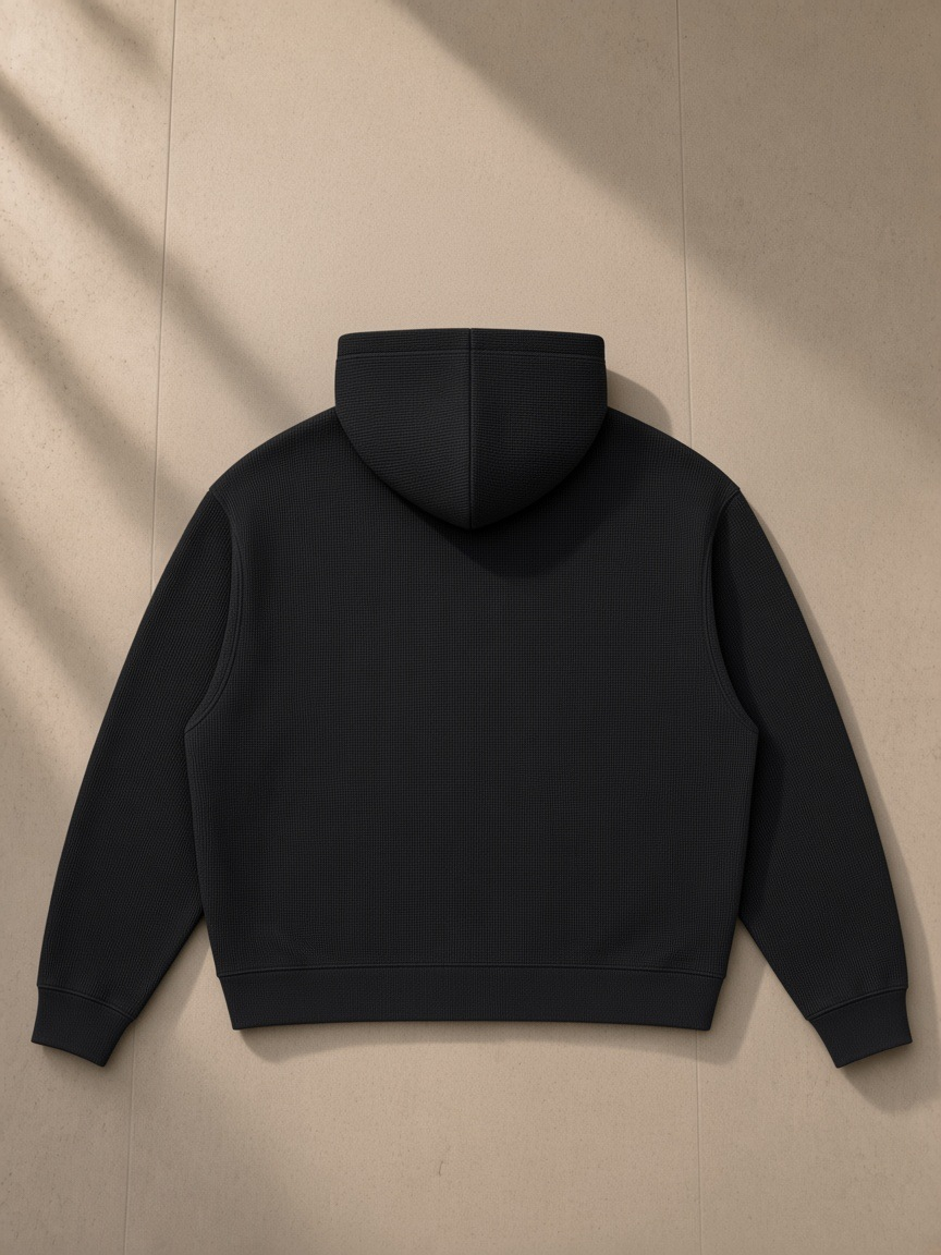 Waffle boxy hoodie in Black, laid flat on pale limestone, back view