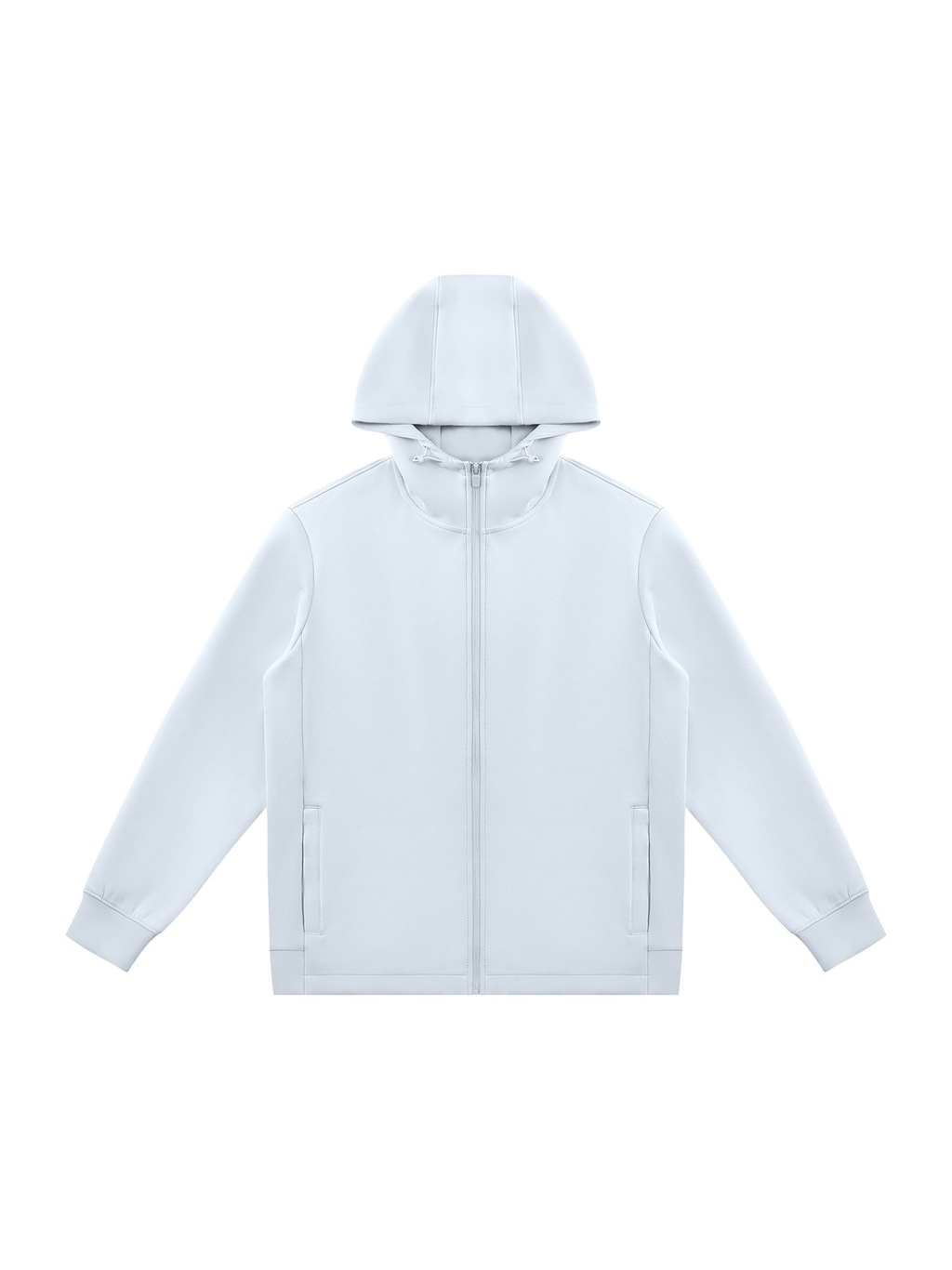 Unisex regular fit full zip hoodie in Light Blue, front view on white. Marcel Afters