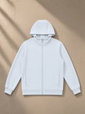 Regular Fit Full Zip Hoodie in Light Blue, laid flat on pale limestone, front.