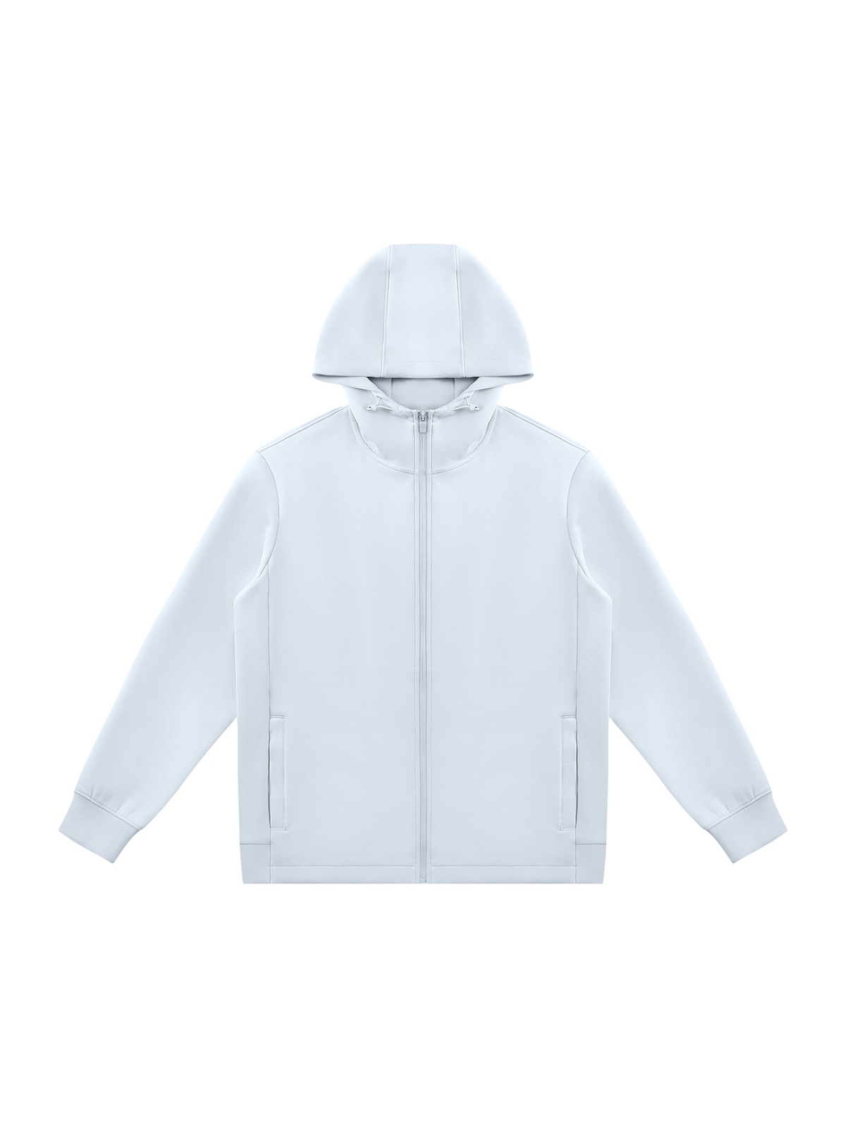 Unisex regular fit full zip hoodie in Light Blue, front view on white. Marcel Afters