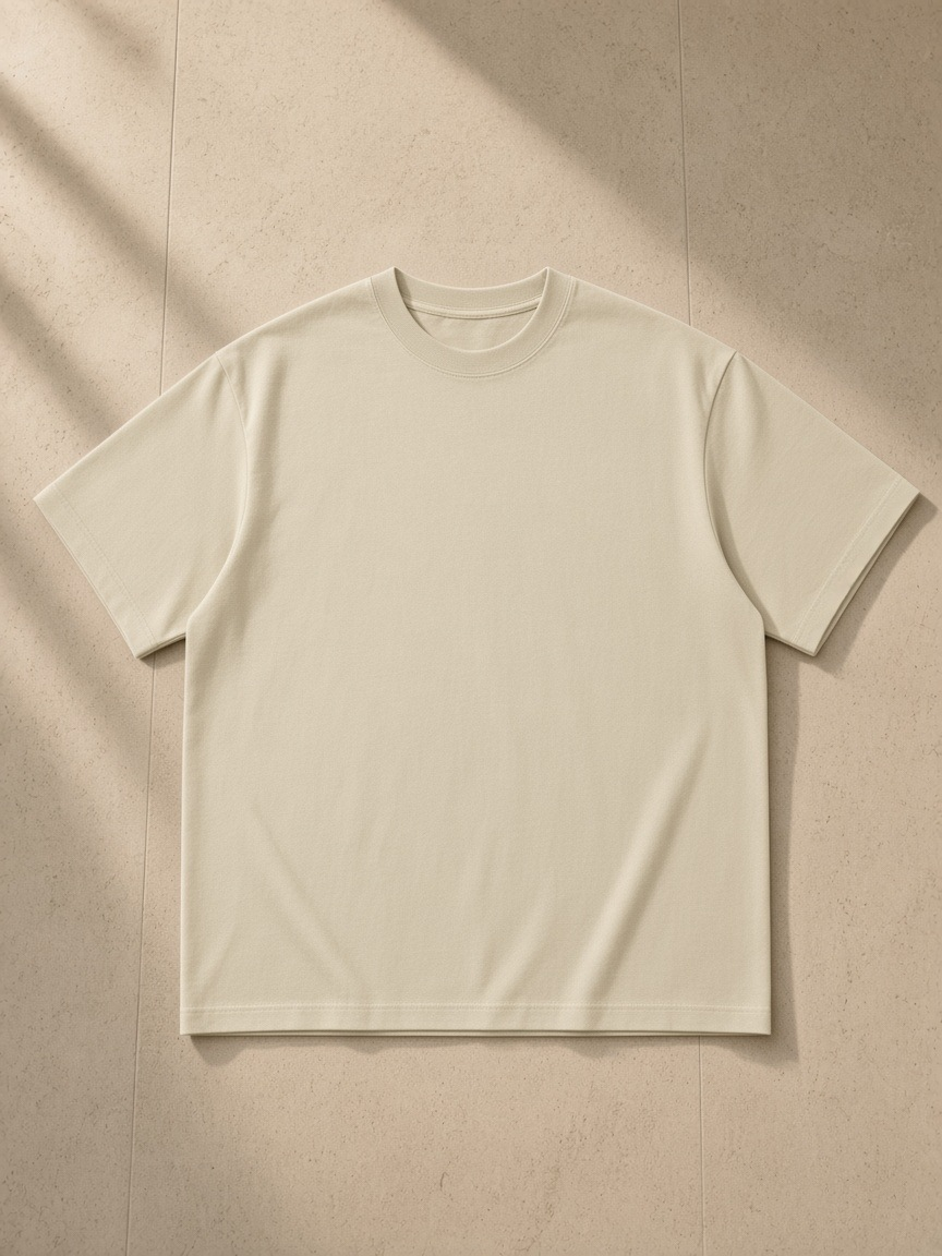 Unisex Quick-Dry Relaxed Fit T-Shirt in Khaki, laid flat on pale limestone