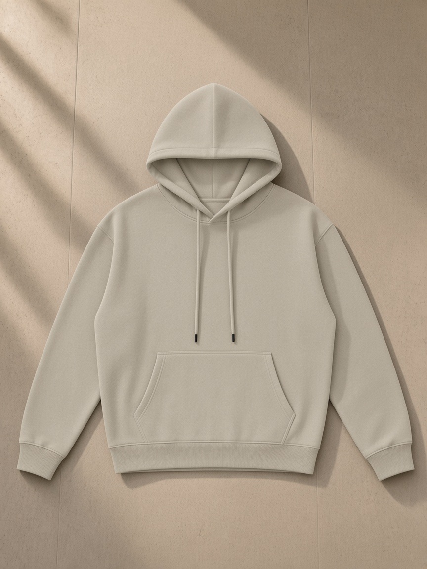 Streetwear Fleece Hoodie in Gray Apricot, laid flat on pale limestone