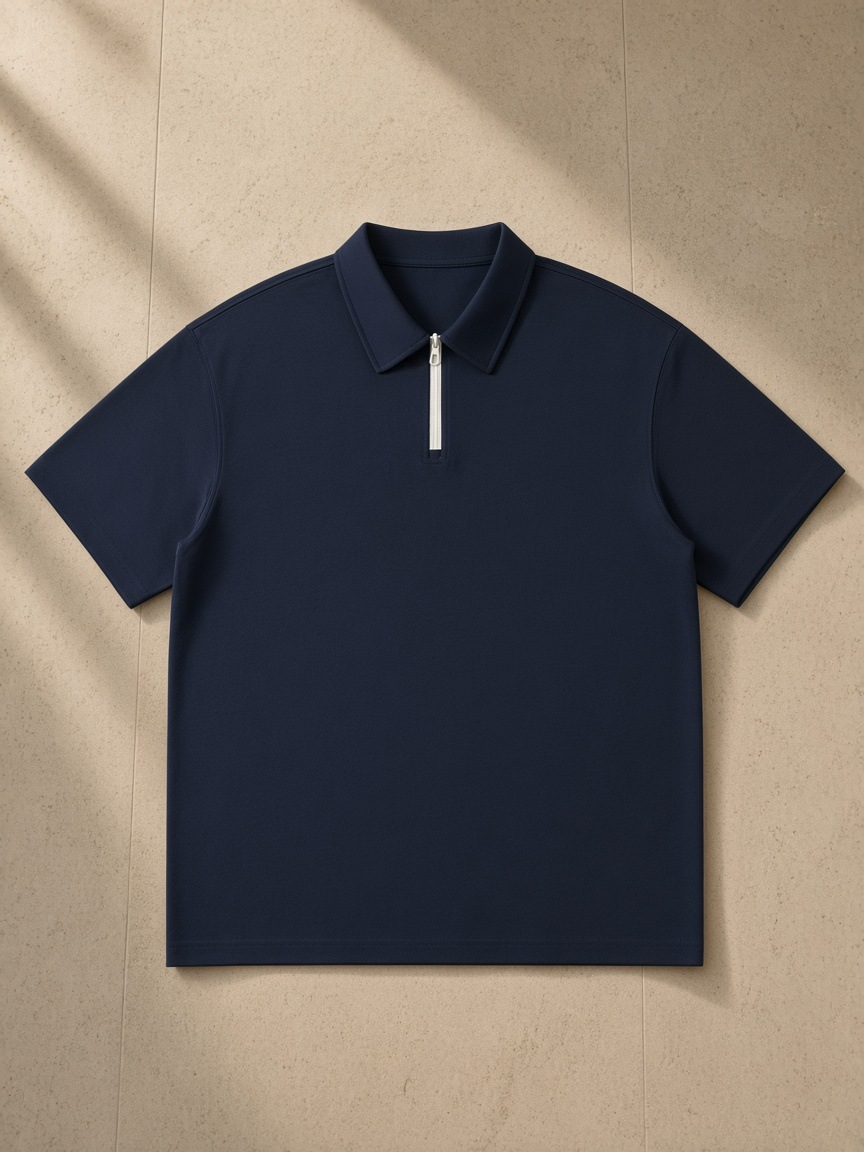 Quarter-Zip Knit Polo in Navy Blue, laid flat on pale limestone