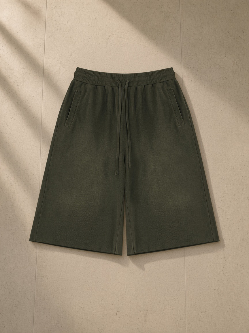 Unisex sunfade raw edge shorts in Army Green, laid flat on pale limestone