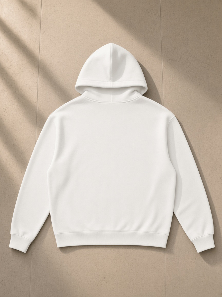 Relaxed Pullover Hoodie in White, laid flat on pale limestone, back view