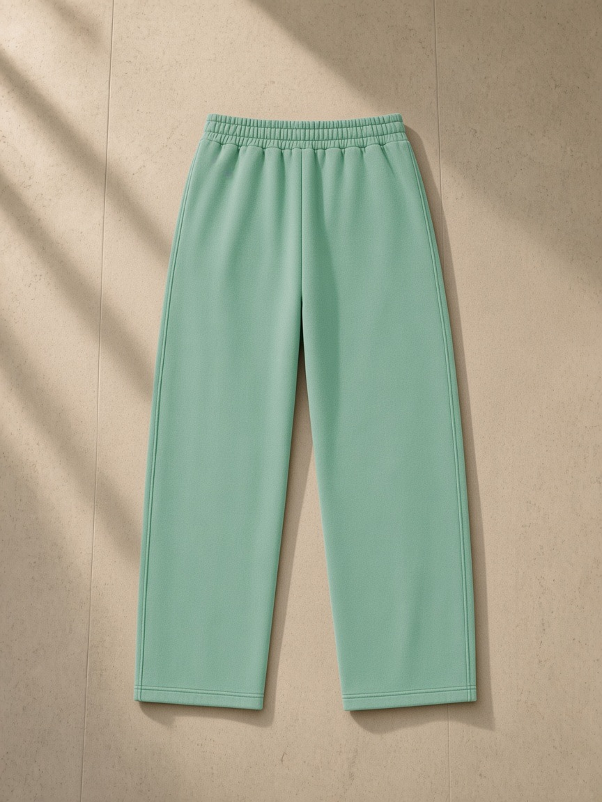 Vintage wash barrel leg fleece sweatpants in Mint Green, laid flat on pale limestone, back view