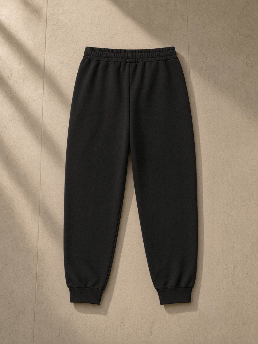 Essential Drawstring Jogged Sweatpants in Black, laid flat on pale limestone, back.