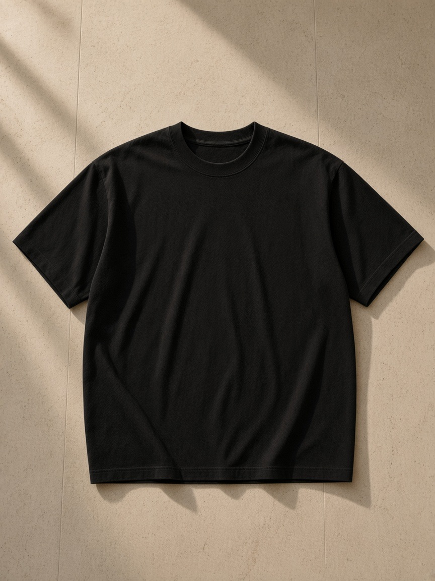 Unisex classic loose boxy tee in Black, laid flat on pale limestone