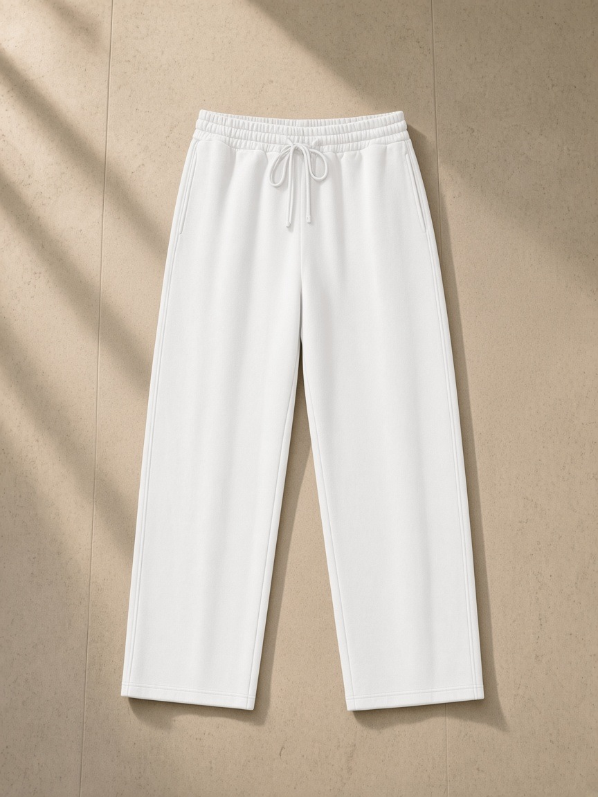 Unisex straight-leg sweatpants in White, front view on white. Marcel Afters