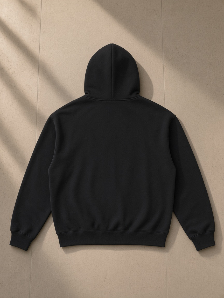 Essential heavyweight pocket hoodie in Black, laid flat on pale limestone, back view