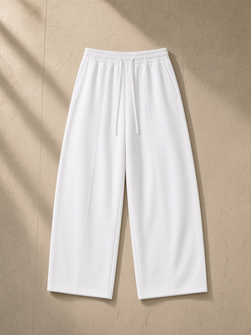 Heavyweight Wide Leg Panel Sweatpants in White, laid flat on pale limestone
