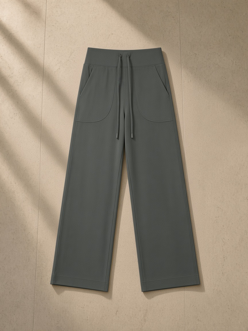 Women’s High Rise Straight Leg Yoga Pants in Dark Gray, laid flat on pale limestone