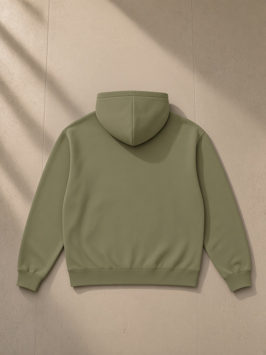 Heavyweight pullover hoodie in Gray Green, laid flat on pale limestone, back view