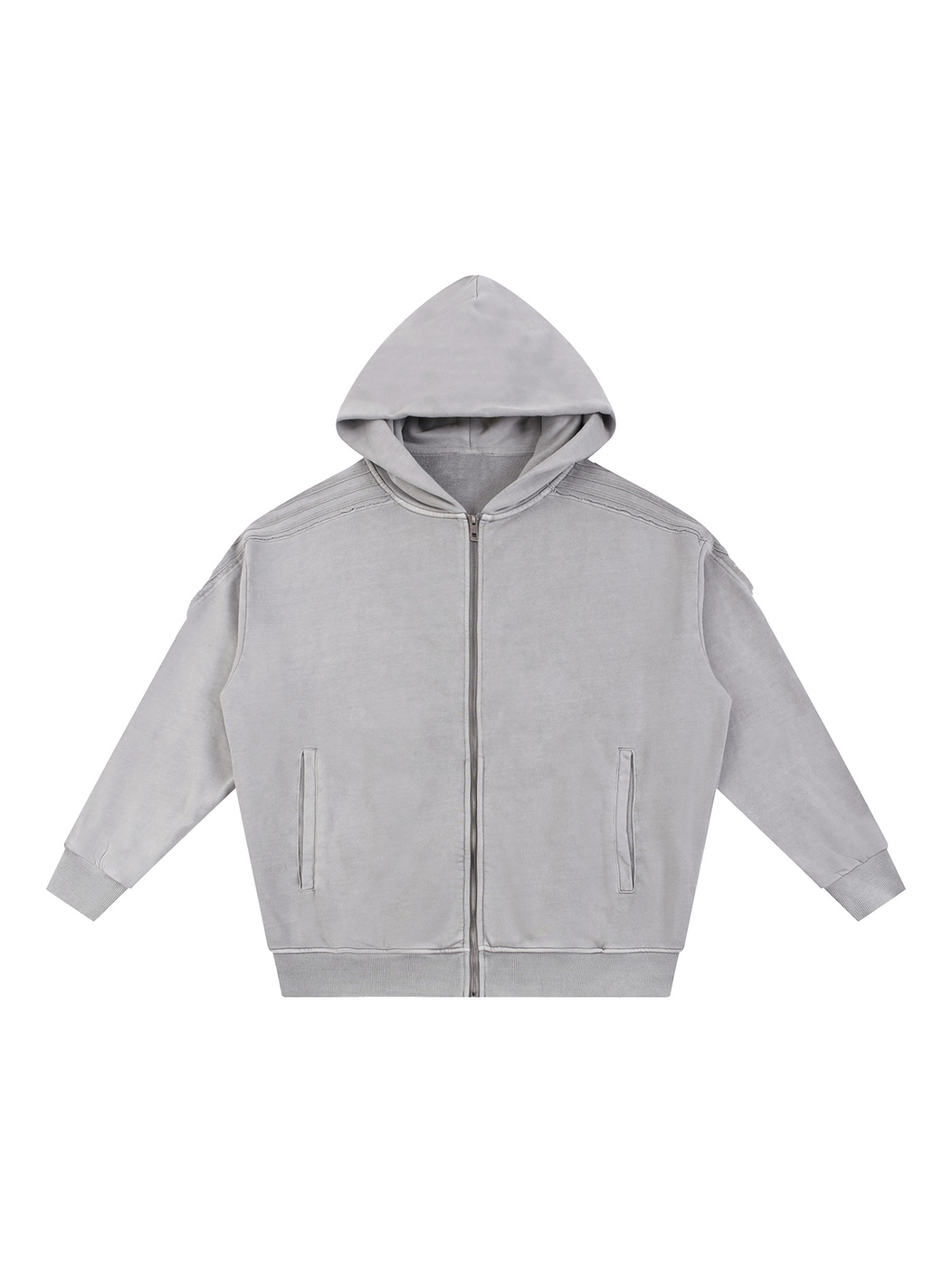 Unisex snow washed tape raw edge zip hoodie in Light Gray, front view on white. Marcel Afters