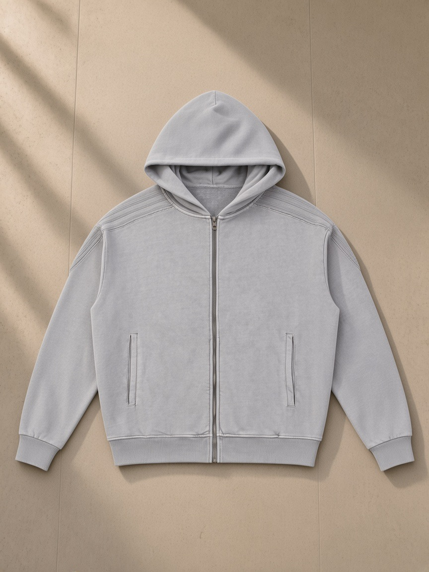 Snow washed tape raw edge zip hoodie in Light Gray, laid flat on pale limestone