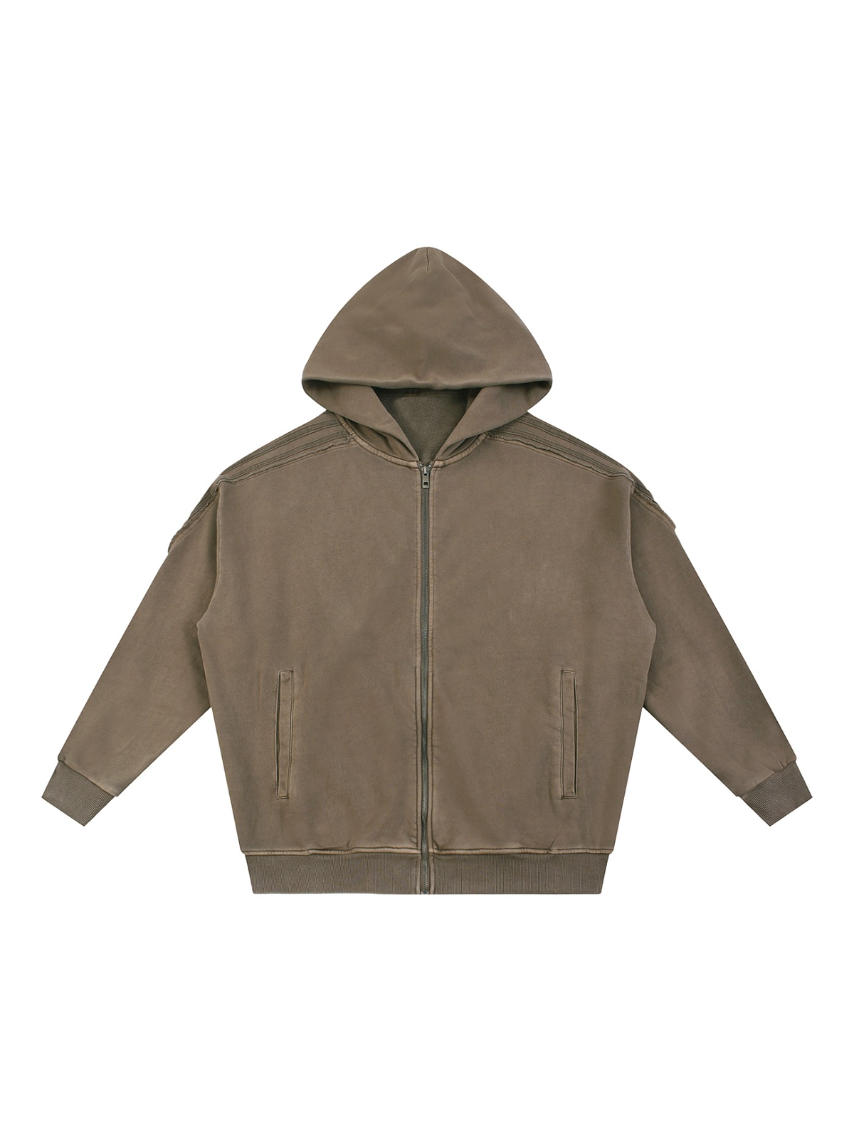 Unisex snow washed tape raw edge zip hoodie in Khaki, front view on white. Marcel Afters