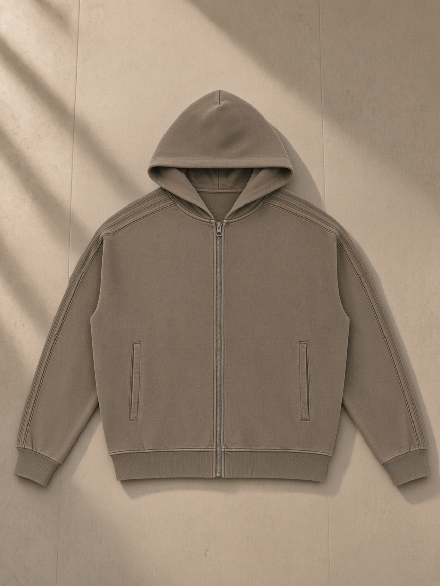Unisex snow washed tape raw edge zip hoodie in Khaki, laid flat on pale limestone, front view