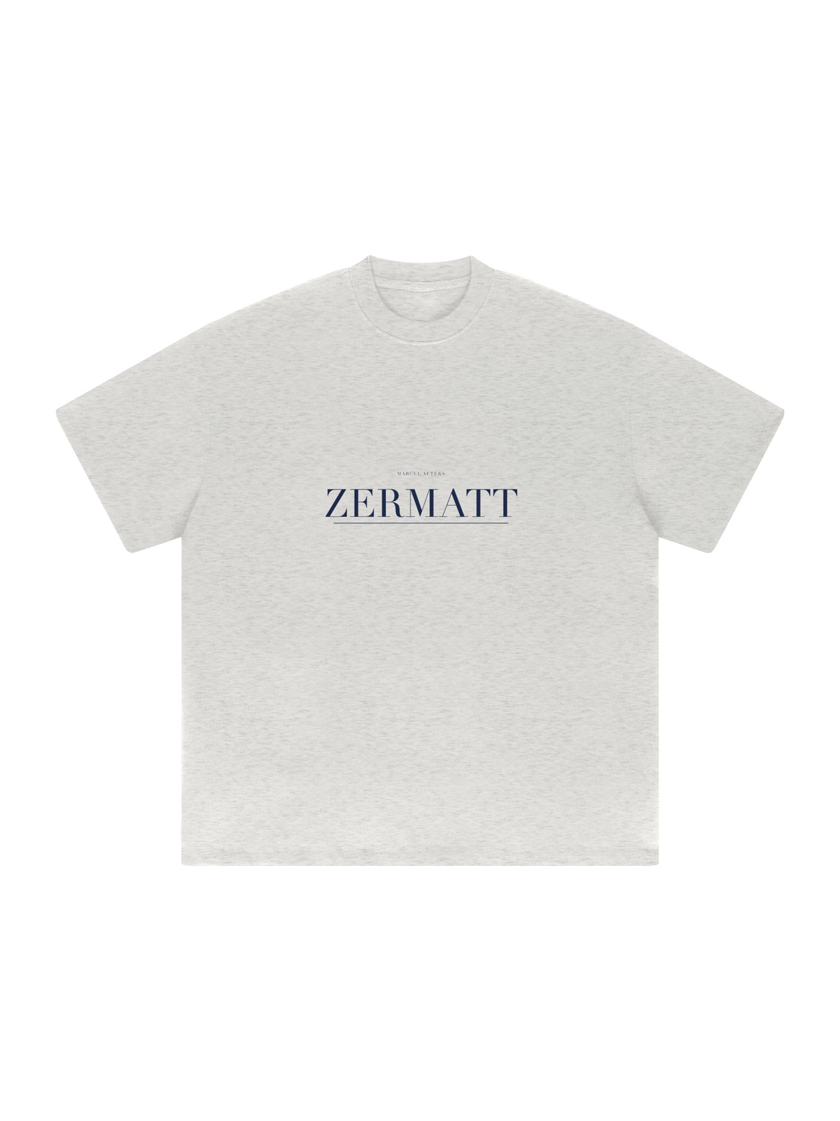 Zermatt Heavyweight Drop Shoulder T-Shirt by Marcel Afters in Oat Gray, front view with the printed artwork, on white