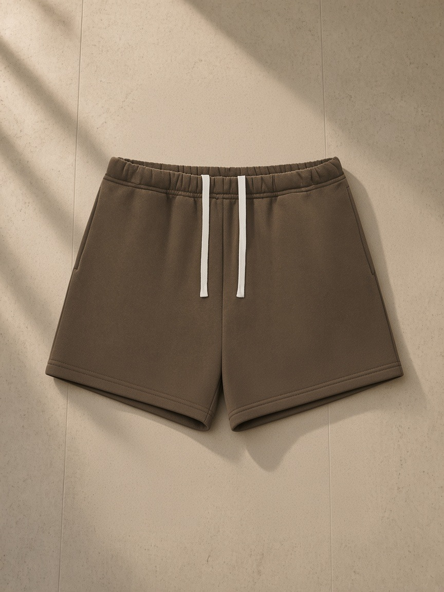 Unisex fleece drawstring sweatshorts in Brown, laid flat on pale limestone
