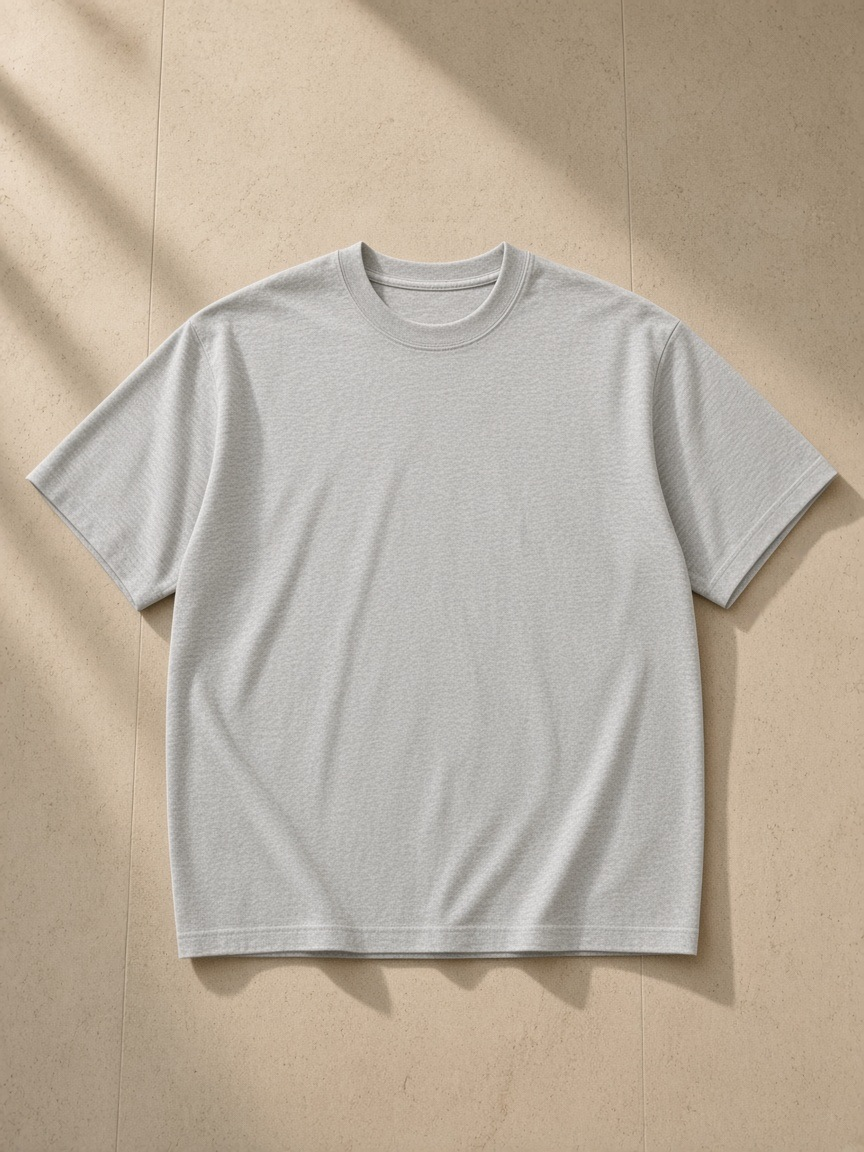 Unisex pure cotton t-shirt in Flower Gray, laid flat on pale limestone