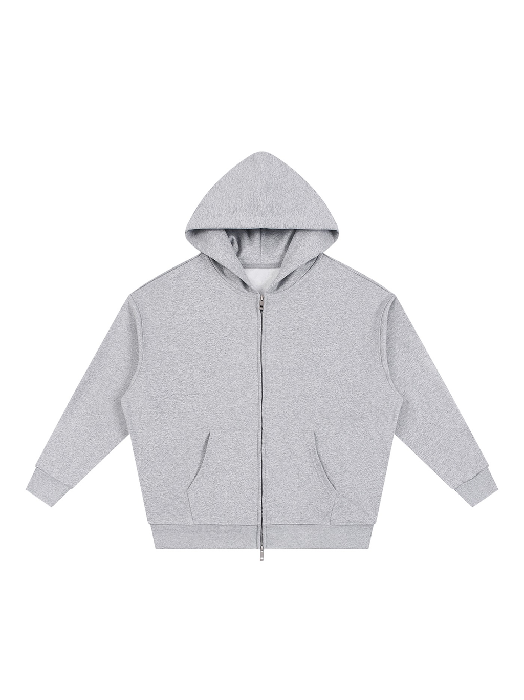 Unisex loose full zip hoodie in Flower Gray, front view on white. Marcel Afters