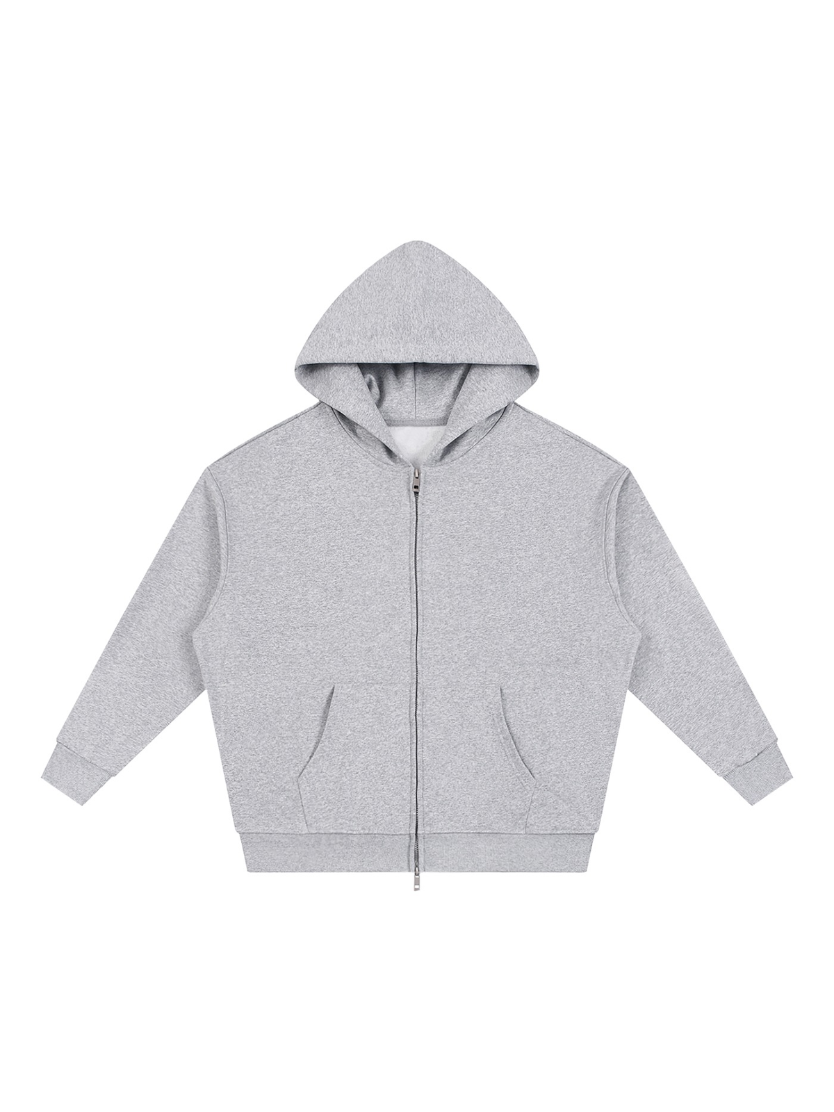 Unisex loose full zip hoodie in Flower Gray, front view on white. Marcel Afters