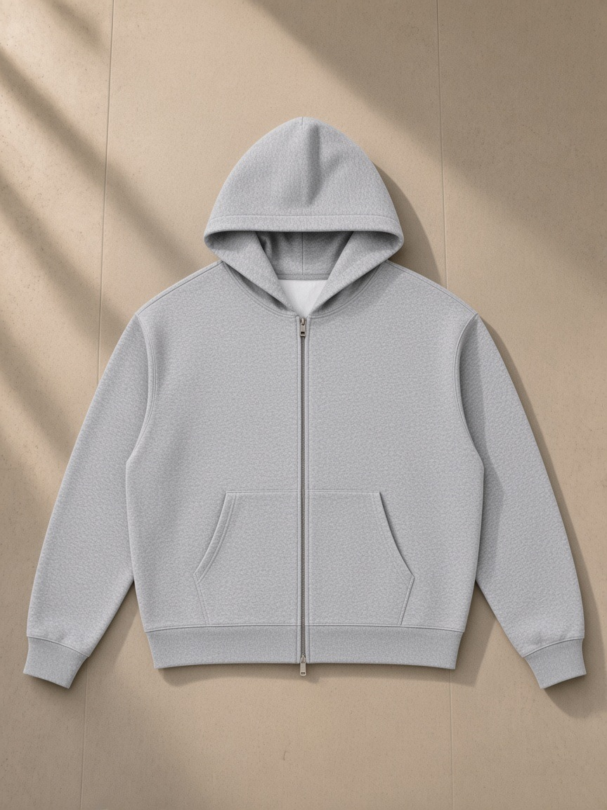 Loose full zip hoodie in Flower Gray, laid flat on pale limestone