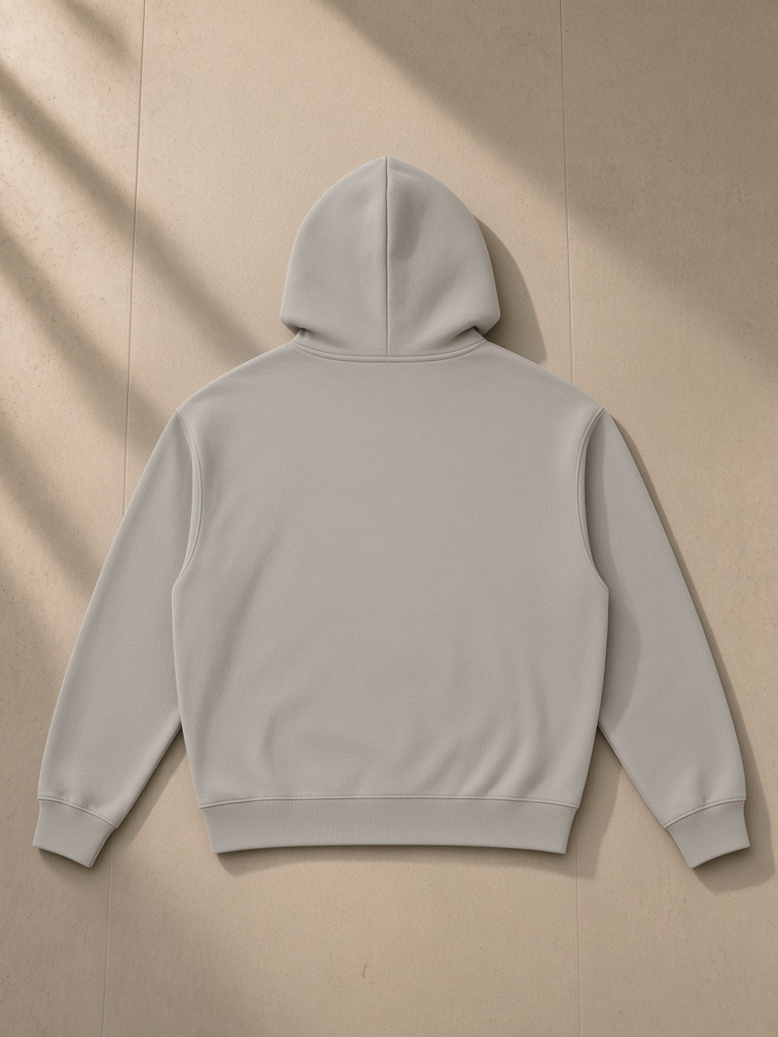 Essential Boxy Heavyweight Drop-Shoulder Hoodie in Medium Gray, laid flat on pale limestone, back view