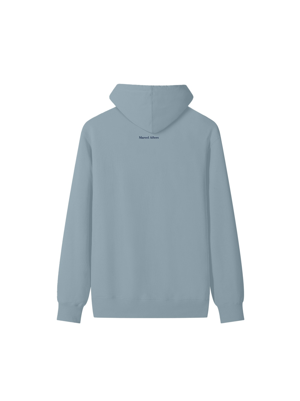 Unisex classic cotton hoodie in Haze Blue, back view on white. Marcel Afters
