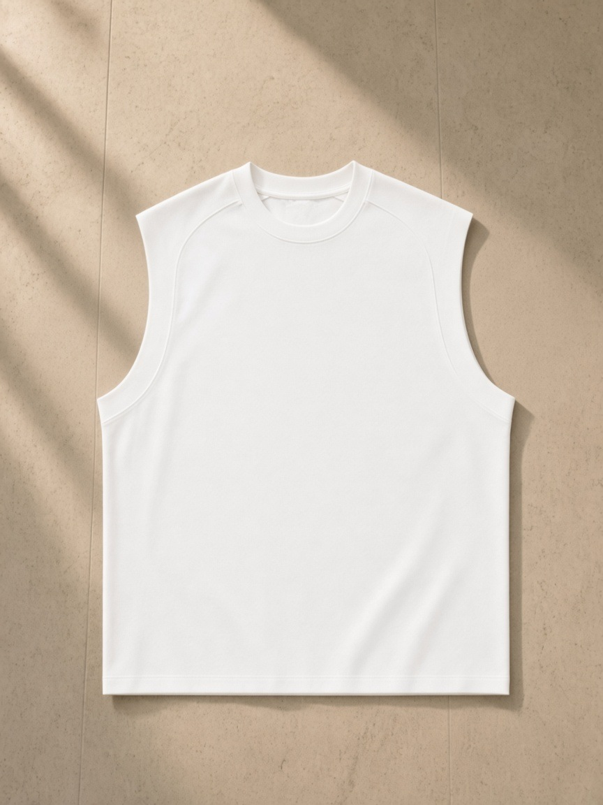 Sorona Quick-Dry Cooling Tank Top in White, laid flat on pale limestone, front.