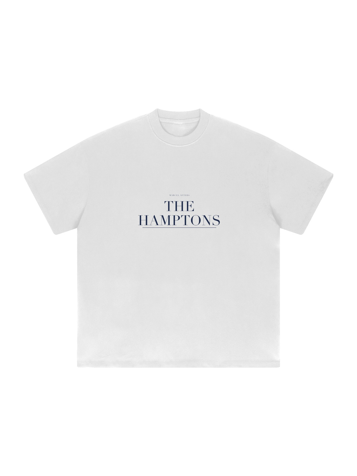 The Hamptons Heavyweight Drop Shoulder T-Shirt by Marcel Afters in White, front view with the printed artwork, on white
