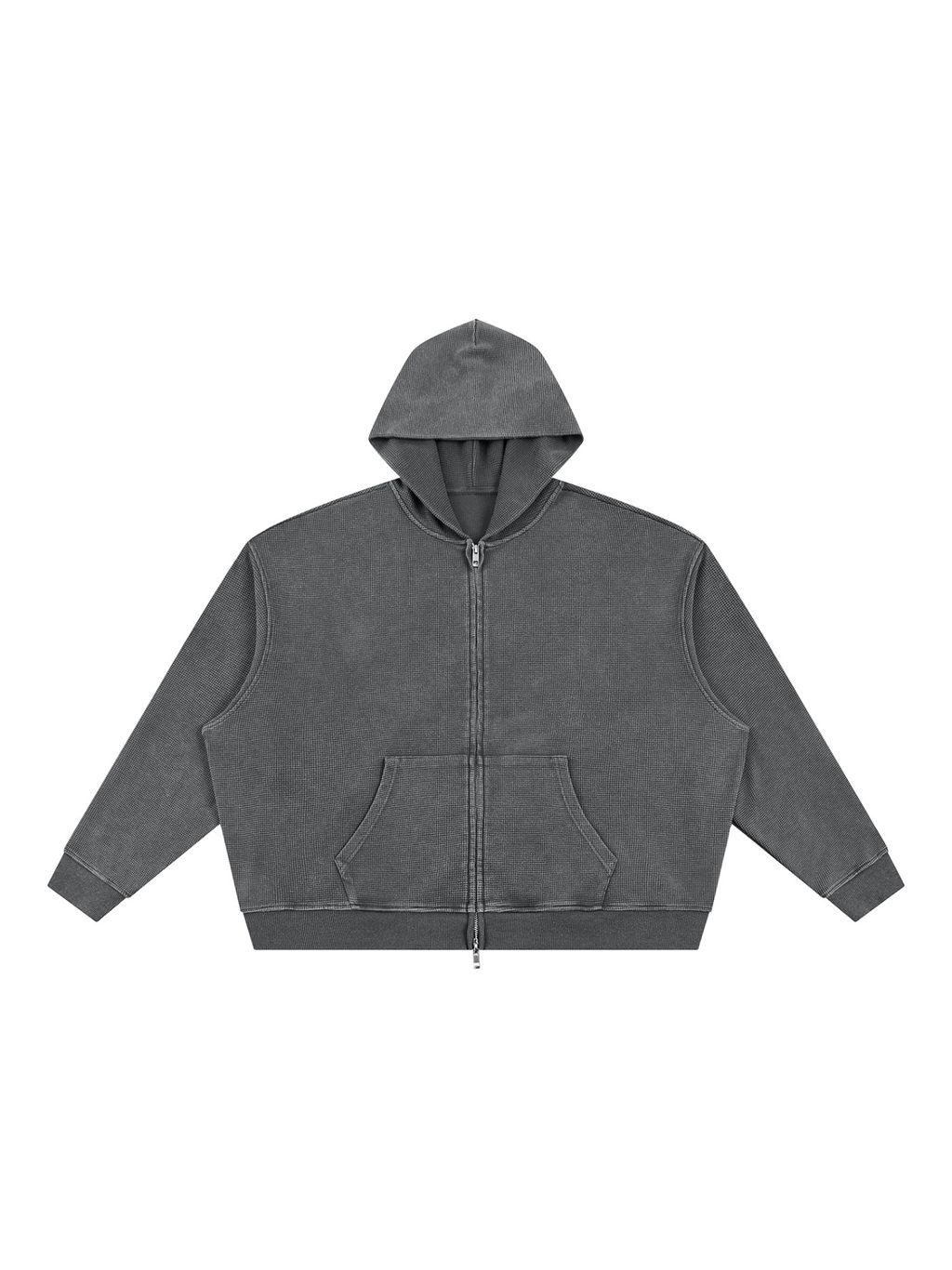 Unisex vintage wash boxy waffle full zip hoodie in Dark Gray, front view on white. Marcel Afters