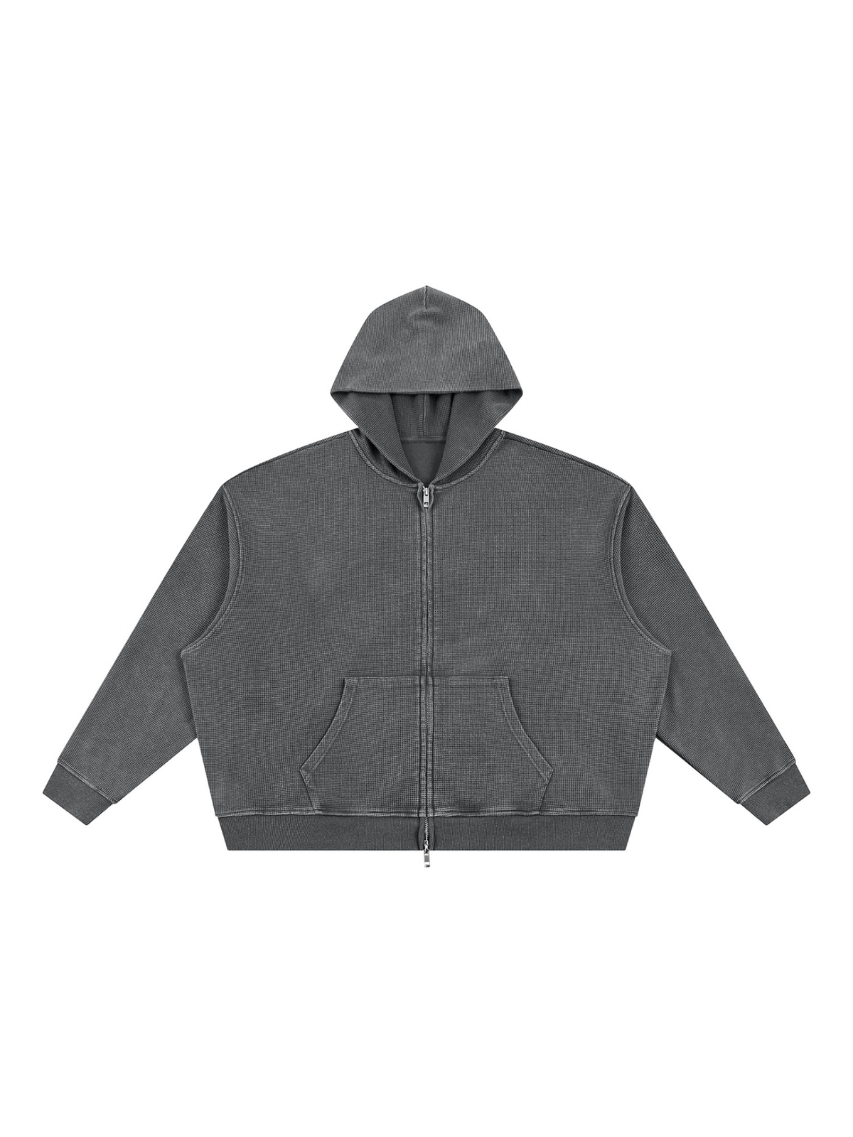 Unisex vintage wash boxy waffle full zip hoodie in Dark Gray, front view on white. Marcel Afters