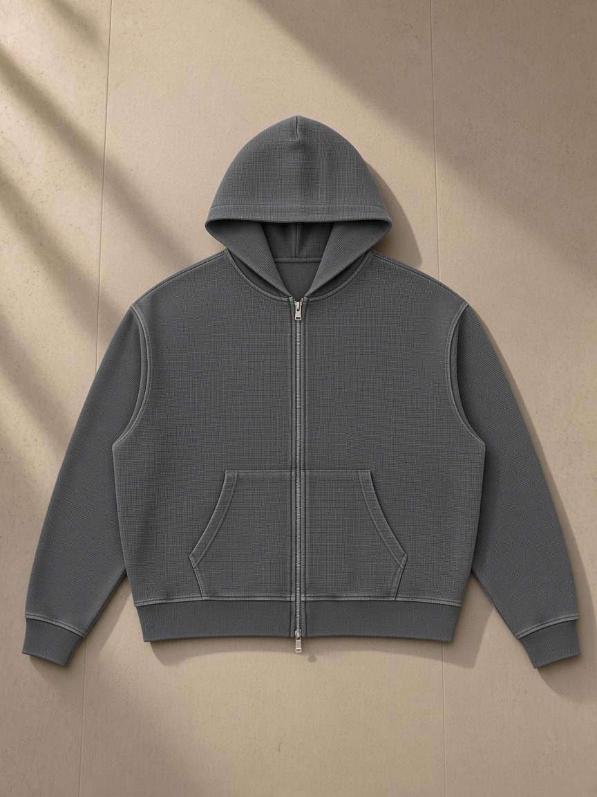 Vintage Wash Boxy Waffle Full Zip Hoodie in Dark Gray, laid flat on pale limestone, front.