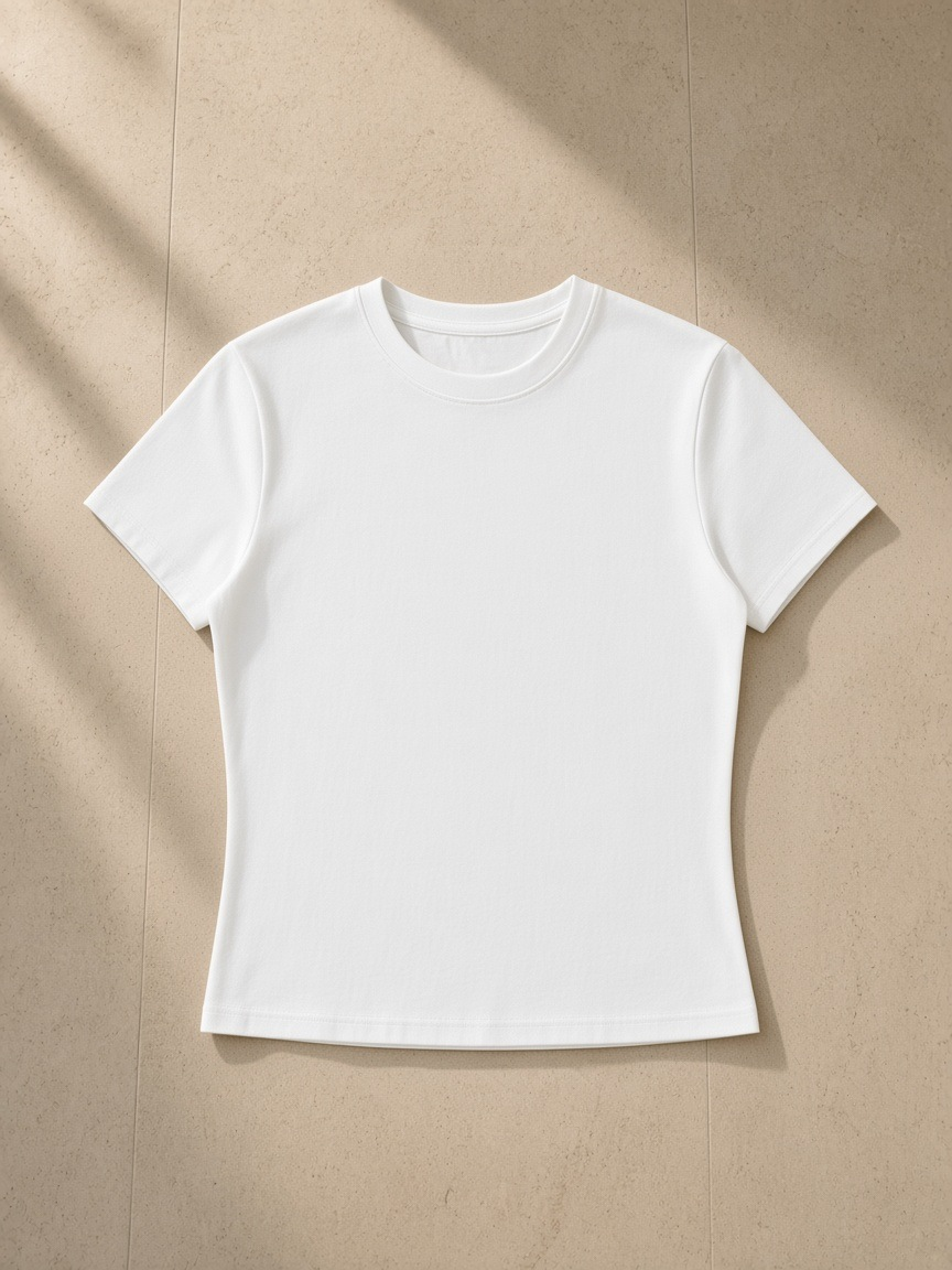 Essential Bodycon Crewneck T-Shirt in White, laid flat on pale limestone