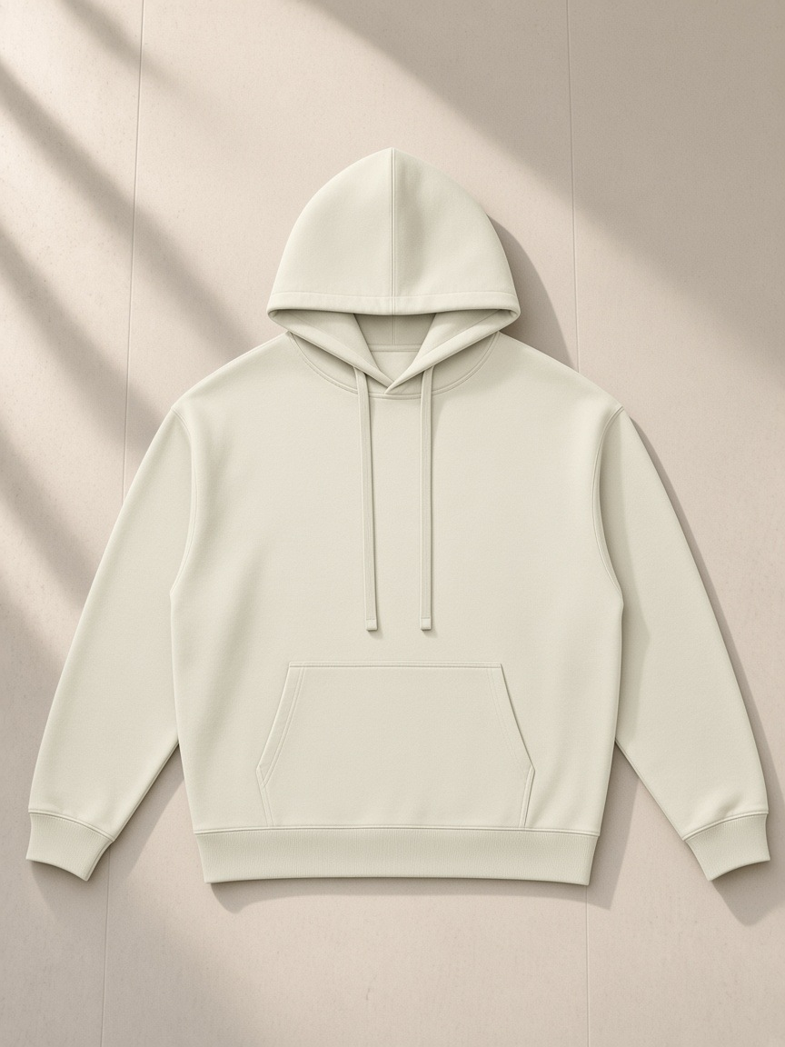 Oversized Drop Shoulder Hoodie in Beige Camel, laid flat on pale limestone, front.