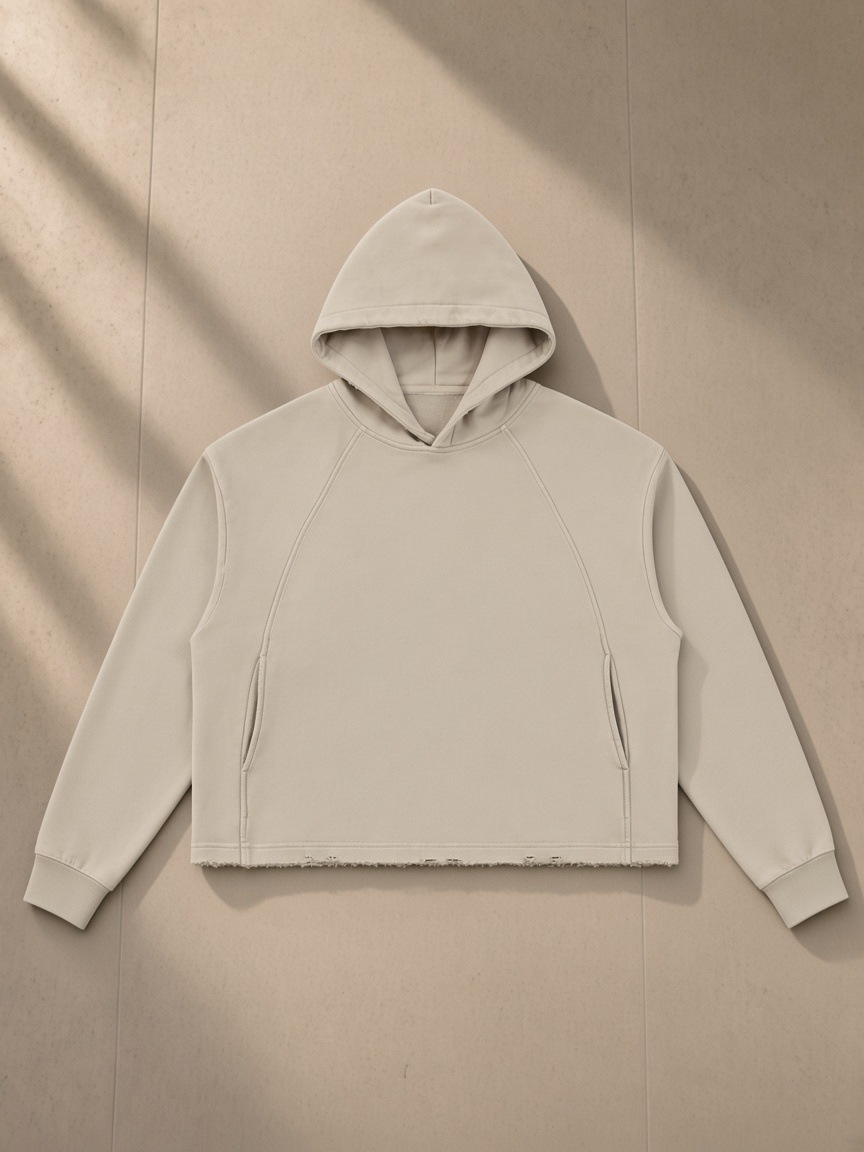 Vintage Washed Frayed-Hem Hoodie in Gray Camel, laid flat on pale limestone, front.