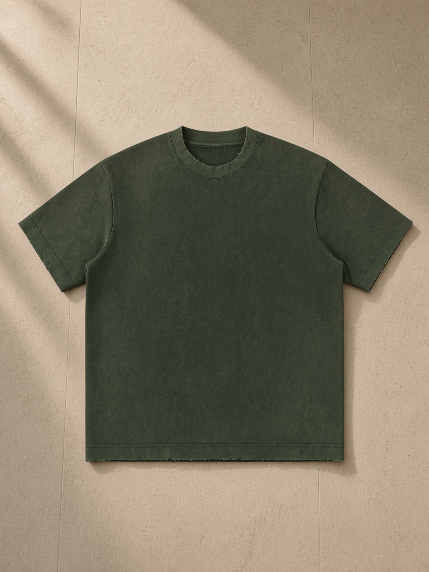 Women's heavyweight vintage washed frayed t-shirt in Army Green, laid flat on pale limestone