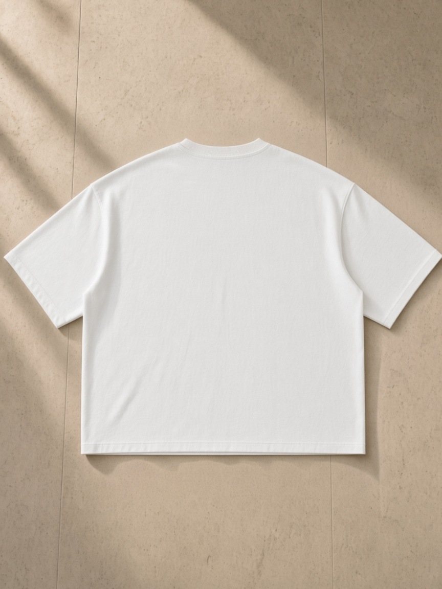 Washed Rolled Hem Half Sleeve T-Shirt in White, laid flat on pale limestone, back.